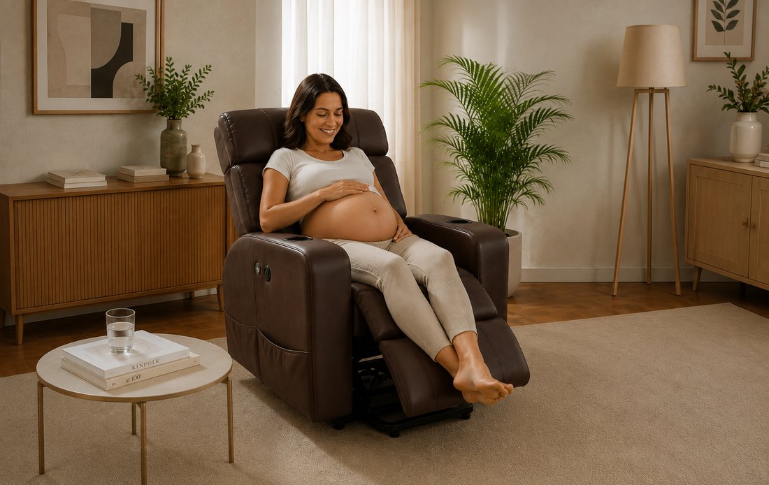 Gestante sorridente e confortável na poltrona reclinável Meu Pós Operatório, com as mãos na barriga